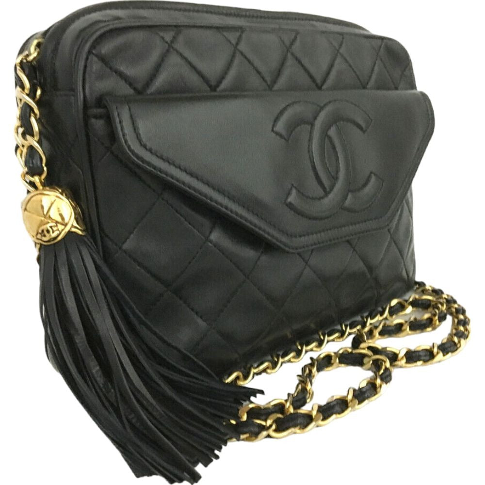 (S6) Chanel Shoulder Bag Quilted Matelasse CC Fringe Chain Black Lambskin