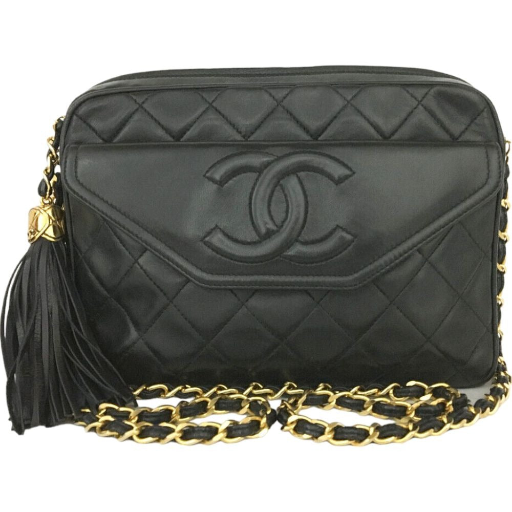 (S6) Chanel Shoulder Bag Quilted Matelasse CC Fringe Chain Black Lambskin